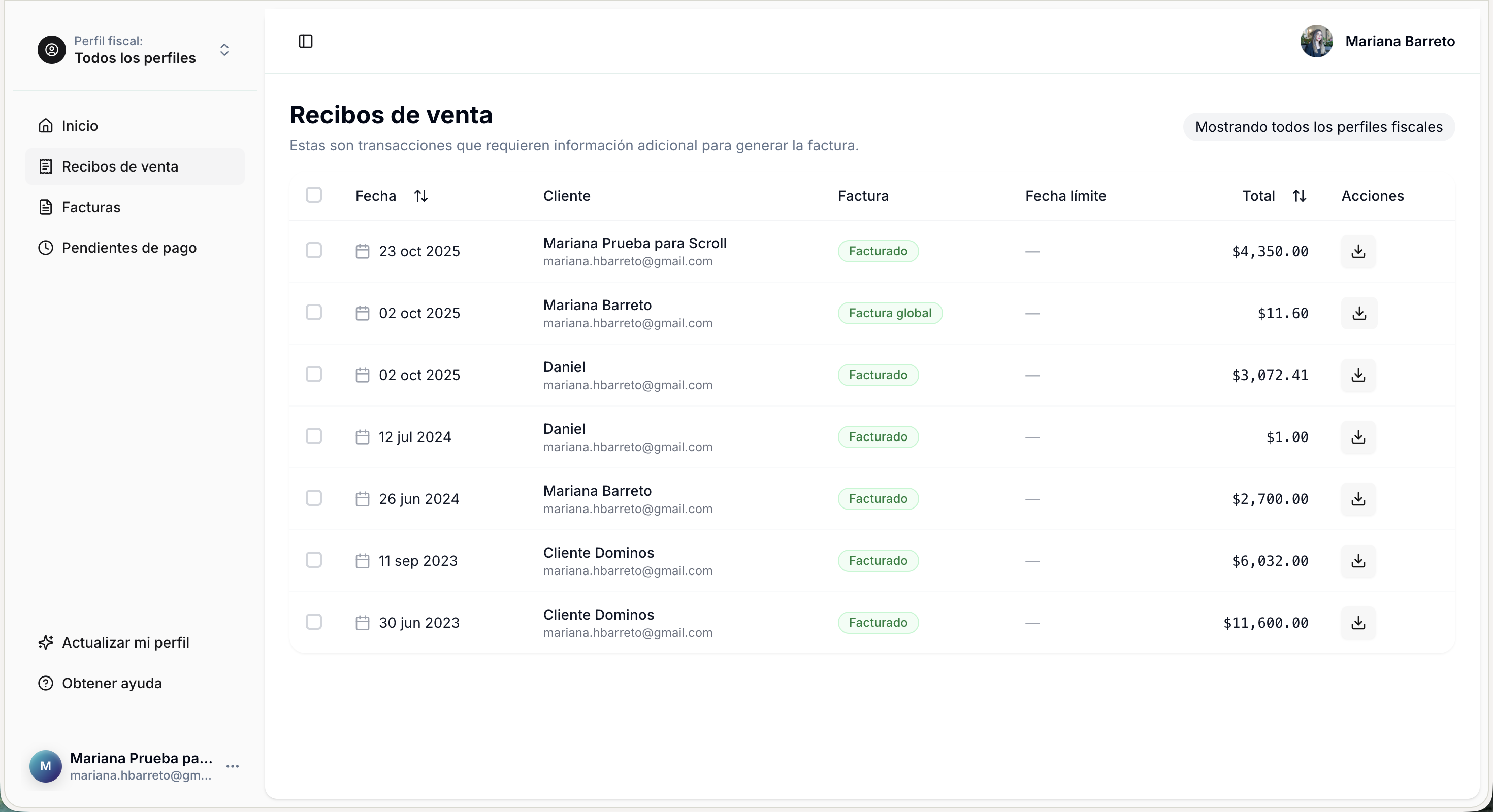 Portal de clientes gigstack mostrando recibos de venta y facturas